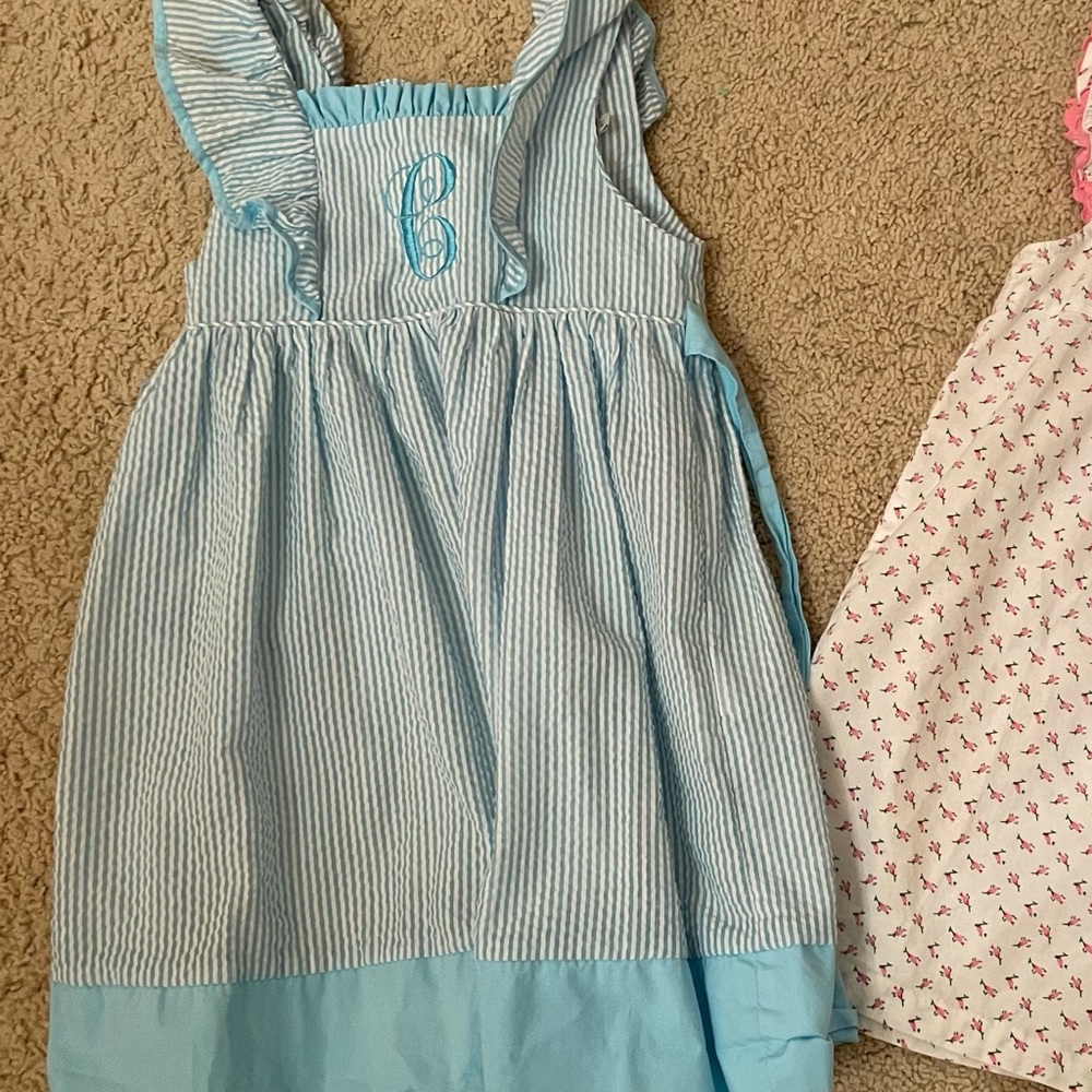 Smock Candy 4t light blue seersucker pinafore dress with tie back